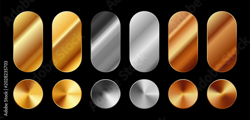 Metal gradient set. Realistic metallic textures in gold, silver and bronze. Smooth gradients with shine and reflection effects. Vector illustration for luxury design, UI and premium backgrounds.