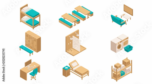 Isometric furniture icons for interior design.