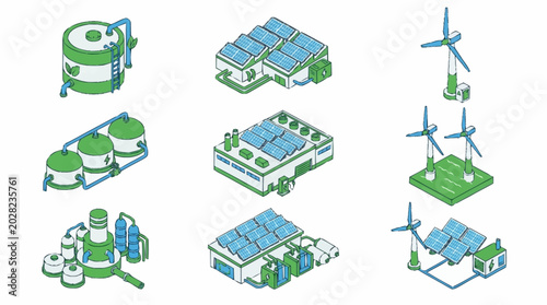 Renewable energy infrastructure icons set.