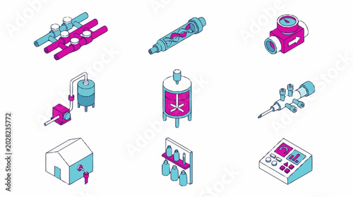Collection of colorful industrial icons and symbols.
