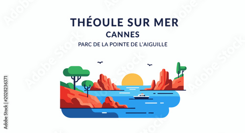 Stylized coastal landscape with text overlay