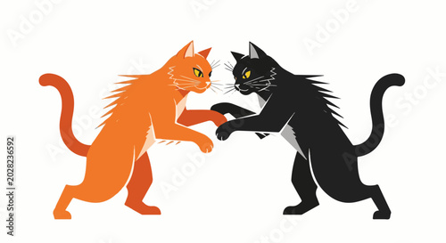 Two cartoon cats, one orange and one black, play fighting on a white background