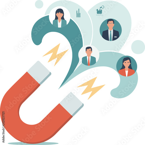 Giant magnet attracting business professionals and data charts, talent acquisition concept isolated on transparent background