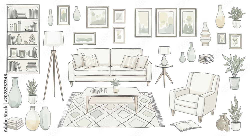 Fototapeta premium Modern living room furniture and accessories line art set.