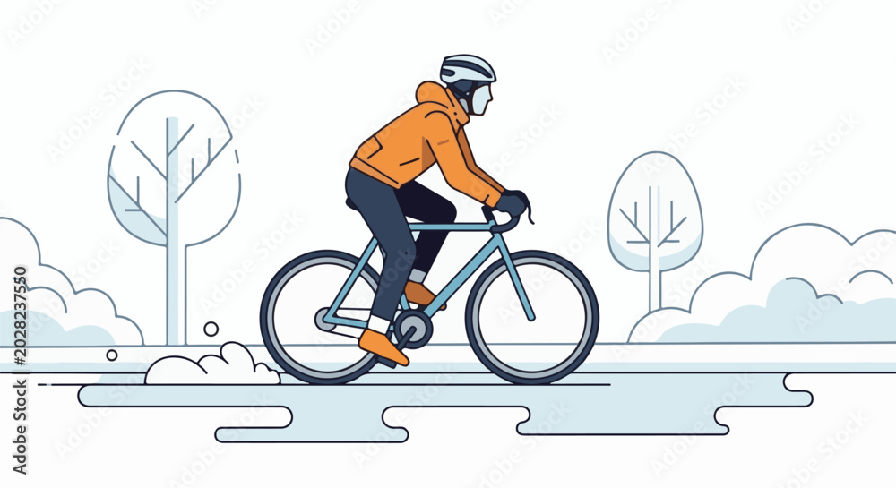 Fototapeta premium Person in orange jacket cycles through a snowy, minimalist park setting