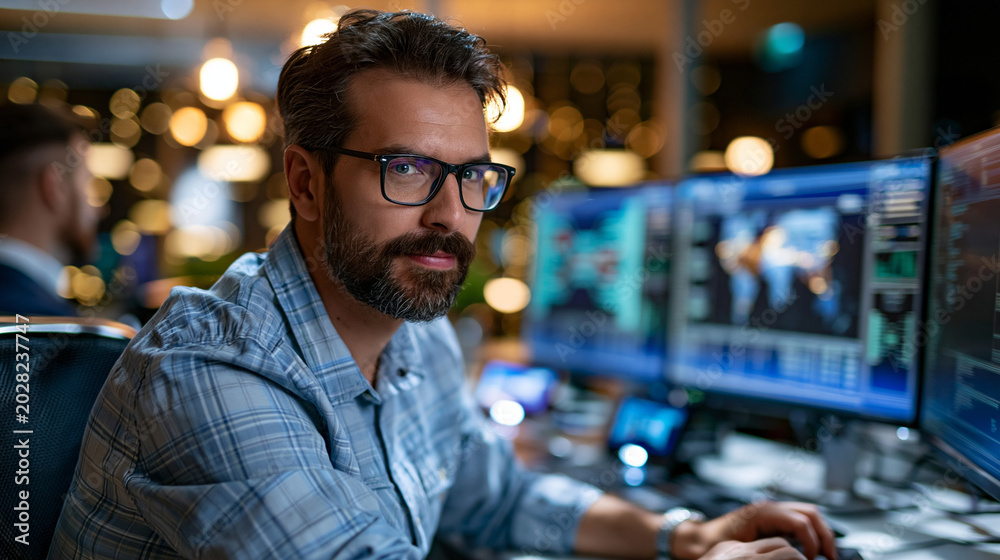 Fototapeta premium Male data scientist in a technology hub reviewing complex logistics algorithm outputs on a curved multi-monitor workstation, screens filled with route optimization models and predictive
