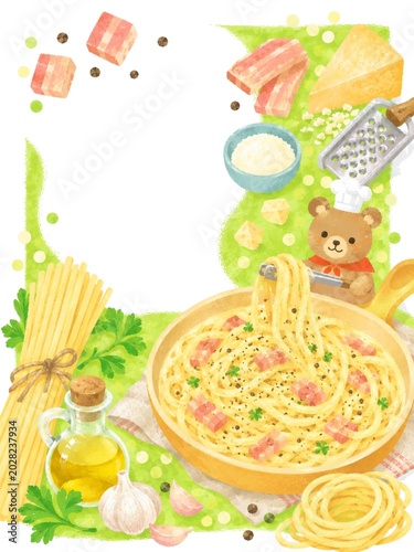 Cute Pasta Illustration with Cooking Ingredients Background