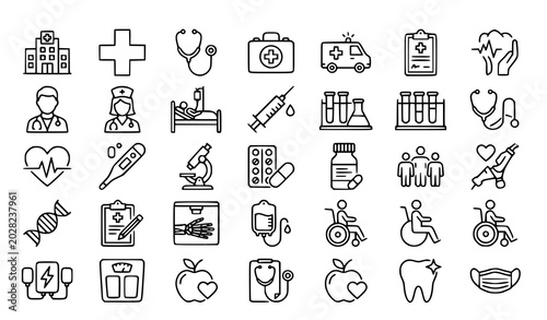Fotografie Black and white medical healthcare line icon vector collection isolated on white