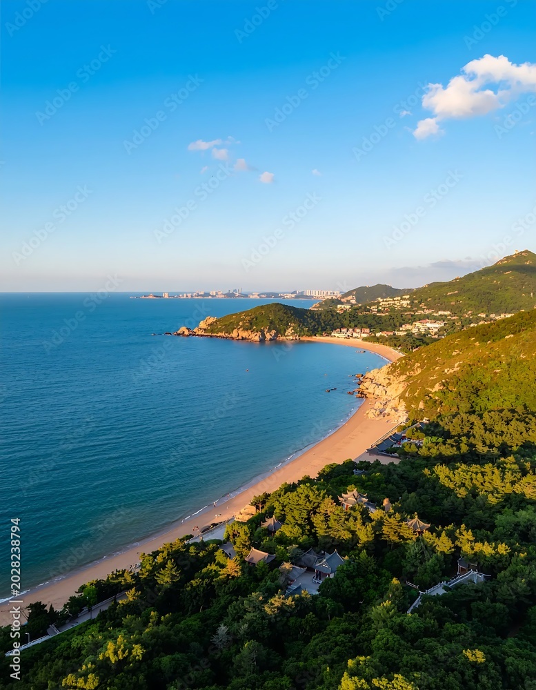 Obraz premium Stunning Aerial View of a Tropical Coastal Beach at Sunset.