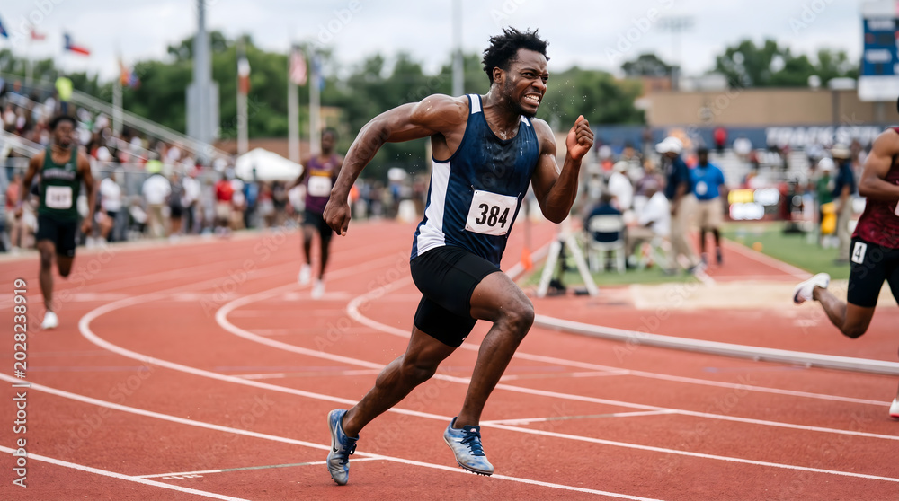 Obraz premium Athletic young man sprinting on a track during a race, showcasing speed and determination