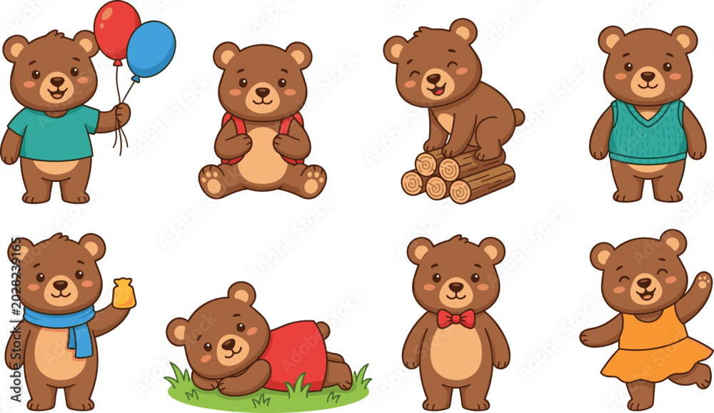 Obraz premium Cute Cartoon Bear Character Set with Different Poses, Outfits, and Activities for Children, Kids, Playful Animals, and Fun Designs