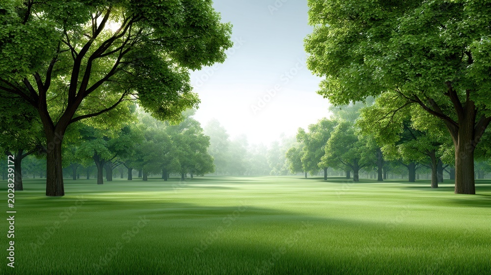 Obraz premium Serene Landscape of Lush Green Trees and Grassy Field Bathed in Soft Morning Light with Gentle Mist and Calm Atmosphere for Nature Lovers