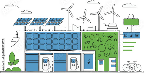 Bold outline vector illustration of a modern eco friendly smart building with renewable energy, isolated on transparent background.