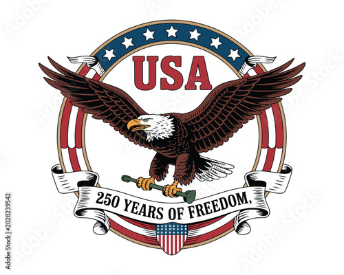 Vintage USA 250 Years of Freedom Eagle Badge vector Illustration, Patriotic Anniversary Design isolated on white background
