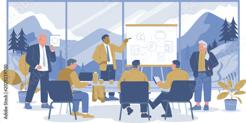 Diverse flat vector illustration of business colleagues engaging in a productive meeting within a contemporary office, featuring a scenic mountain backdrop, isolated on transparent background.