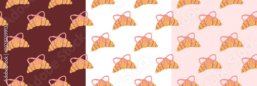 Foto Croissant seamless pattern set with pink bows on dark brown, white and pastel backgrounds