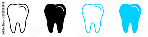 Tooth set icons flat filled outline black blue variants.