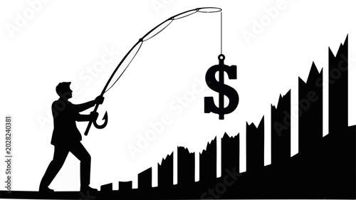Black silhouette vector of a businessman fishing for money, isolated on transparent background for financial growth concepts