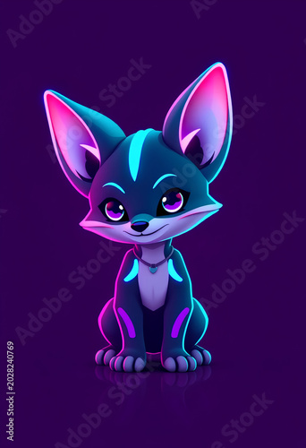  Neon cyberpunk fennec fox baby with glowing blue ears, futuristic 3D cartoon style, smooth reflective textures, vibrant purple background, cute sci-fi mascot design, minimal composition.
