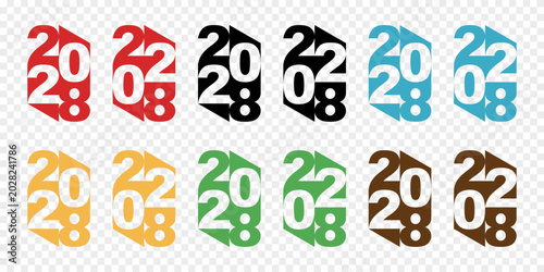 A collection of stylized number sets for the year 2028 presented in multiple vibrant color options and contemporary graphic styles