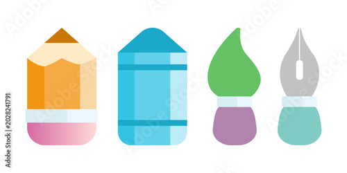 A graphic representation of four distinct art tools, each rendered in a flat, modern style with vibrant gradients and clean lines