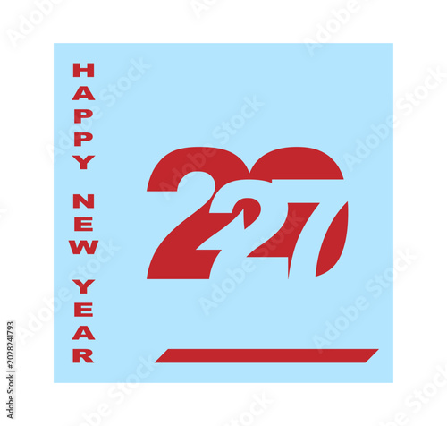 A minimalist design celebrating the arrival of 2027 with festive red typography against a cool blue background. Happy New Year 2027 graphic with bold red numbers and text