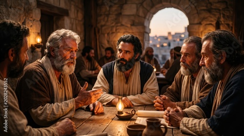 Apostle Peter speaking to fellow men at the Jerusalem council. Biblical scene depicting religious discussion among brethren about faith and early church doctrine according to Acts.