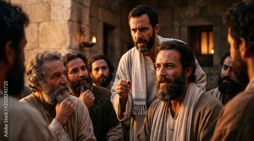 Apostle Peter and Paul the Apostle in theological council with elders in Jerusalem. Biblical scene of early Christian debate about faith and grace. Religious gathering in ancient city.