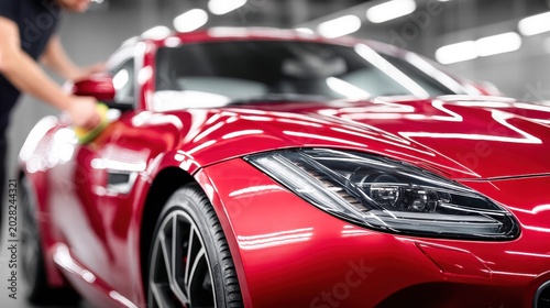 Close-up of a red sports car being meticulously cleaned and polished to a high shine.