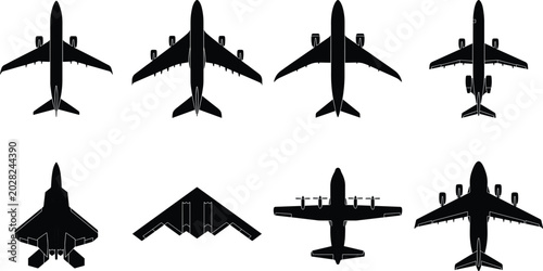 Foto Aircraft silhouette collection featuring commercial airplanes, cargo planes, and