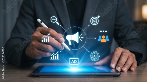 Digital Marketing Strategy concept showcasing AI and analytics on a futuristic interface for business growth and innovative solutions presentations.