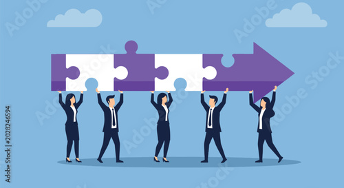 Obraz na plátně Business team holding large puzzle arrow as metaphor for collaborative success and strategic alignment in corporate environment during growth phase project