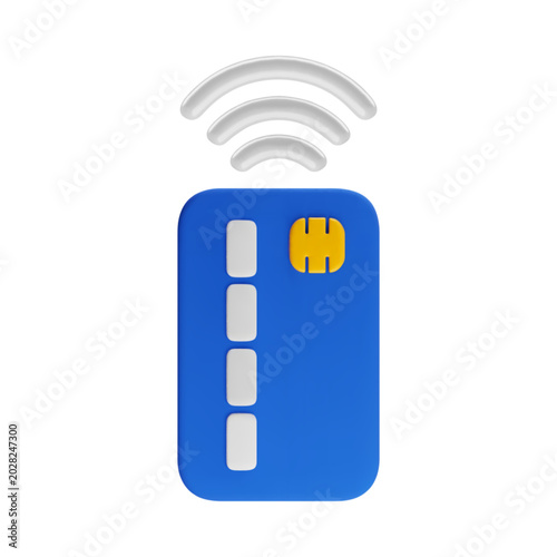 Vector cartoon 3d NFC contactless credit card payment illustration. Cute realistic 3d render of blue debit card and wireless signal icon. Online banking, tap to pay concept, cashless transaction icon.