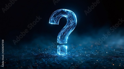 Glowing digital question mark formed from interconnected wireframe lines and particles, symbolizing inquiry, ai driven problem solving, data networks, cybersecurity, and futuristic technology