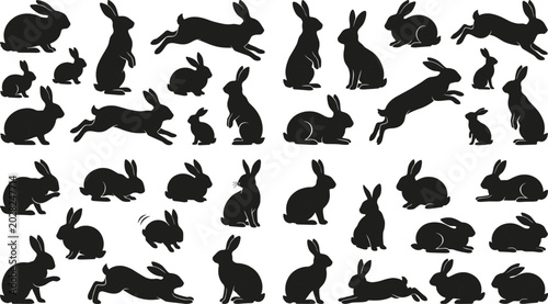 Cuadro en lienzo Large rabbit silhouette collection featuring bunny poses and jumping hare shapes