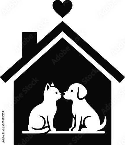 Two dogs sitting on a cute house roof