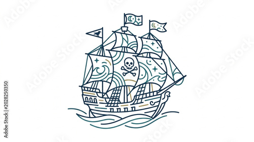 Billede på lærred Pirate Ship Illustration with Jolly Roger Flag and Waves.