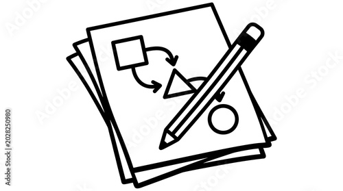 A black and white illustration of a pencil on top of a stack of papers with geometric shapes
