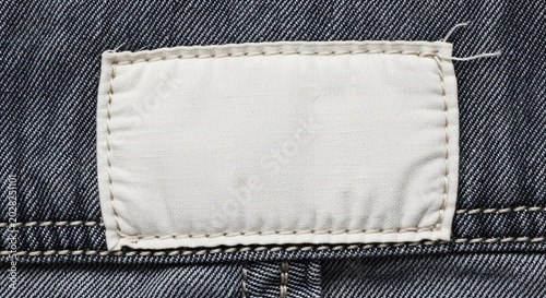 Close up of a blank label stitched onto dark denim textile background