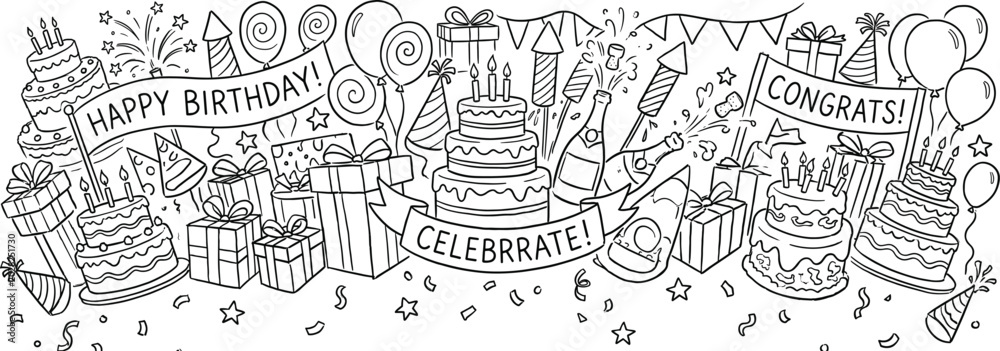 Fototapeta premium Intricate monochrome illustration featuring a birthday cake, lit candles, confetti, ribbons, and festive decorative patterns in a seamless design.