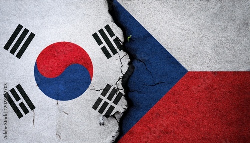 cracked floor between south korea flag and czechia flag
