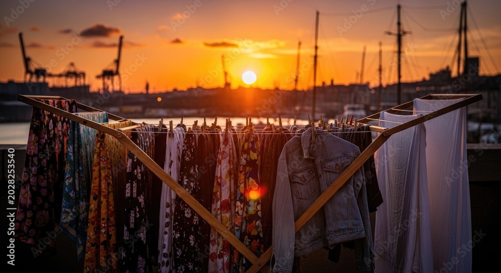 Obraz premium Clothes Drying in the Sunset Harbor.