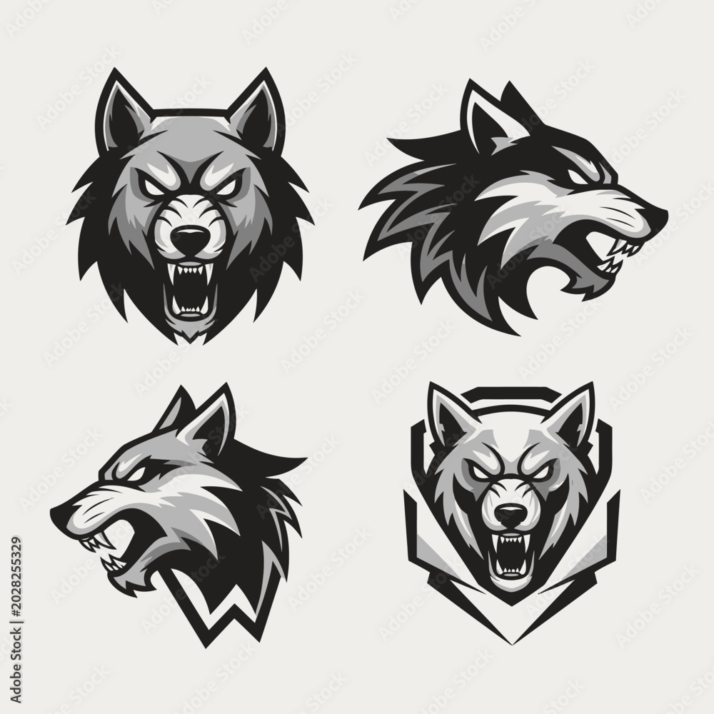 Fototapeta premium Four Fierce Wolf Heads, Aggressive Animal Emblems, Mascot Logos, Vector Art