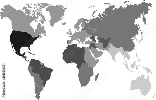 World map vector with highlighted regions and countries in gray scale tones