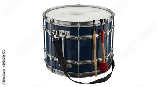 A blue snare drum with silver hardware and drumsticks on a transparent background