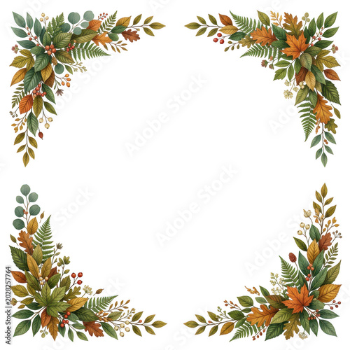 Floral border frame with green leaves and orange flowers on transparent background