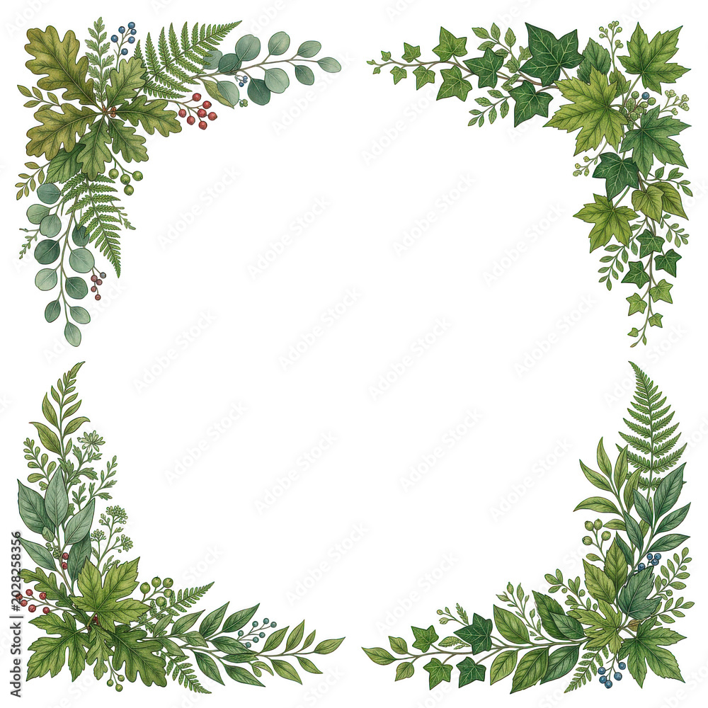 Fototapeta premium Watercolor leaf border frame with green foliage and flowers