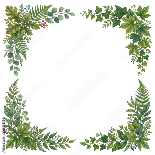 Watercolor leaf border frame with green foliage and flowers