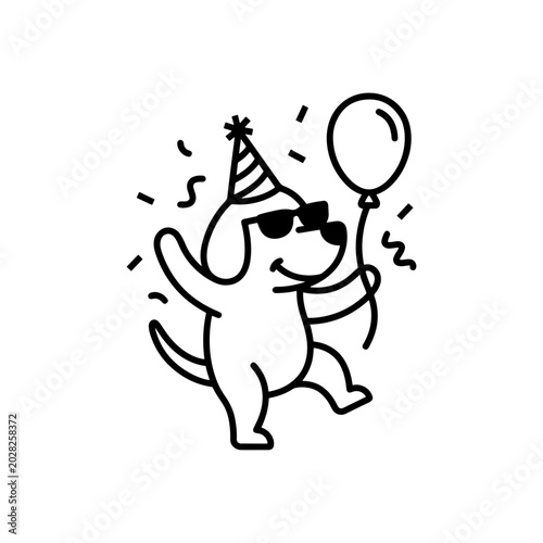 A minimalist vector illustration of a cute dog wearing sunglasses and a party hat, holding a balloon amidst falling confetti. Ideal for celebration cards, web icons, and stickers.
