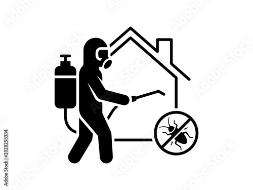 A professional black and white icon showing a pest control technician in a protective suit fumigating a house to eliminate cockroaches and insects.